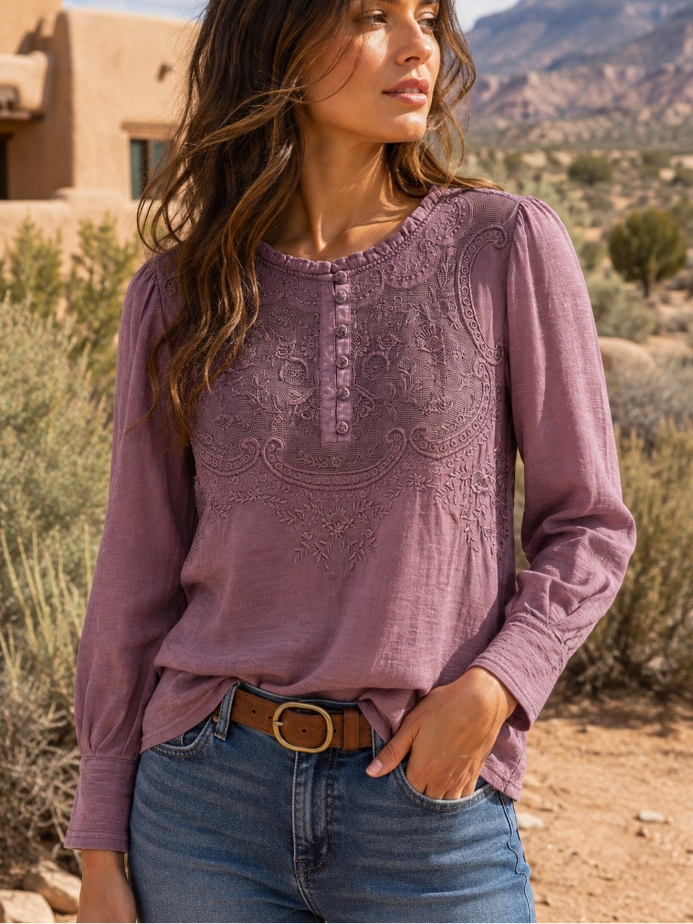 Sundance Mauve Embroidered Peasant Top Boho Western Cotton Size XS